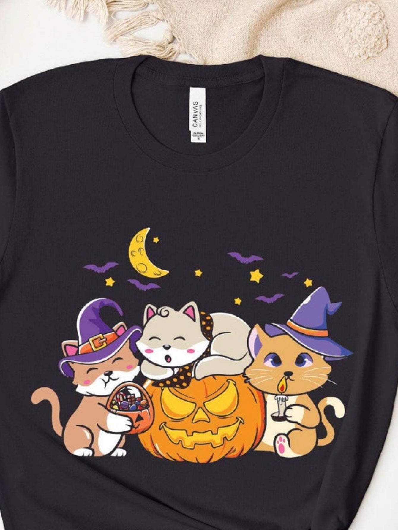Men's Graphic T-Shirt Halloween Moonlit Night With Playful Cats Surrounded By Pumpkins And Bats
