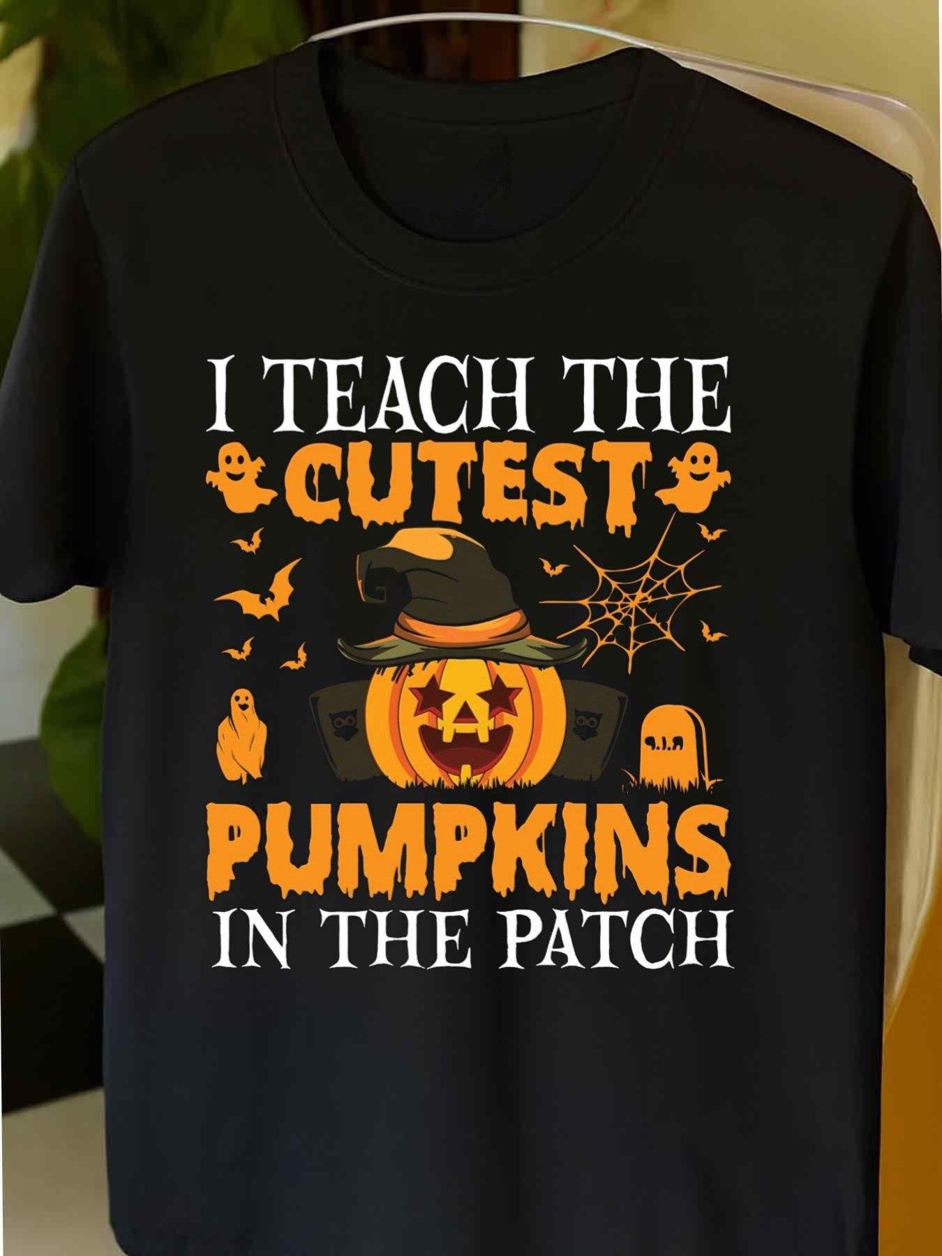 Men's Graphic T-Shirt I Teach The Cutest Pumpkins In The Patch Surrounded By Bats Spider Web Stars And Witch Hat Pumpkin