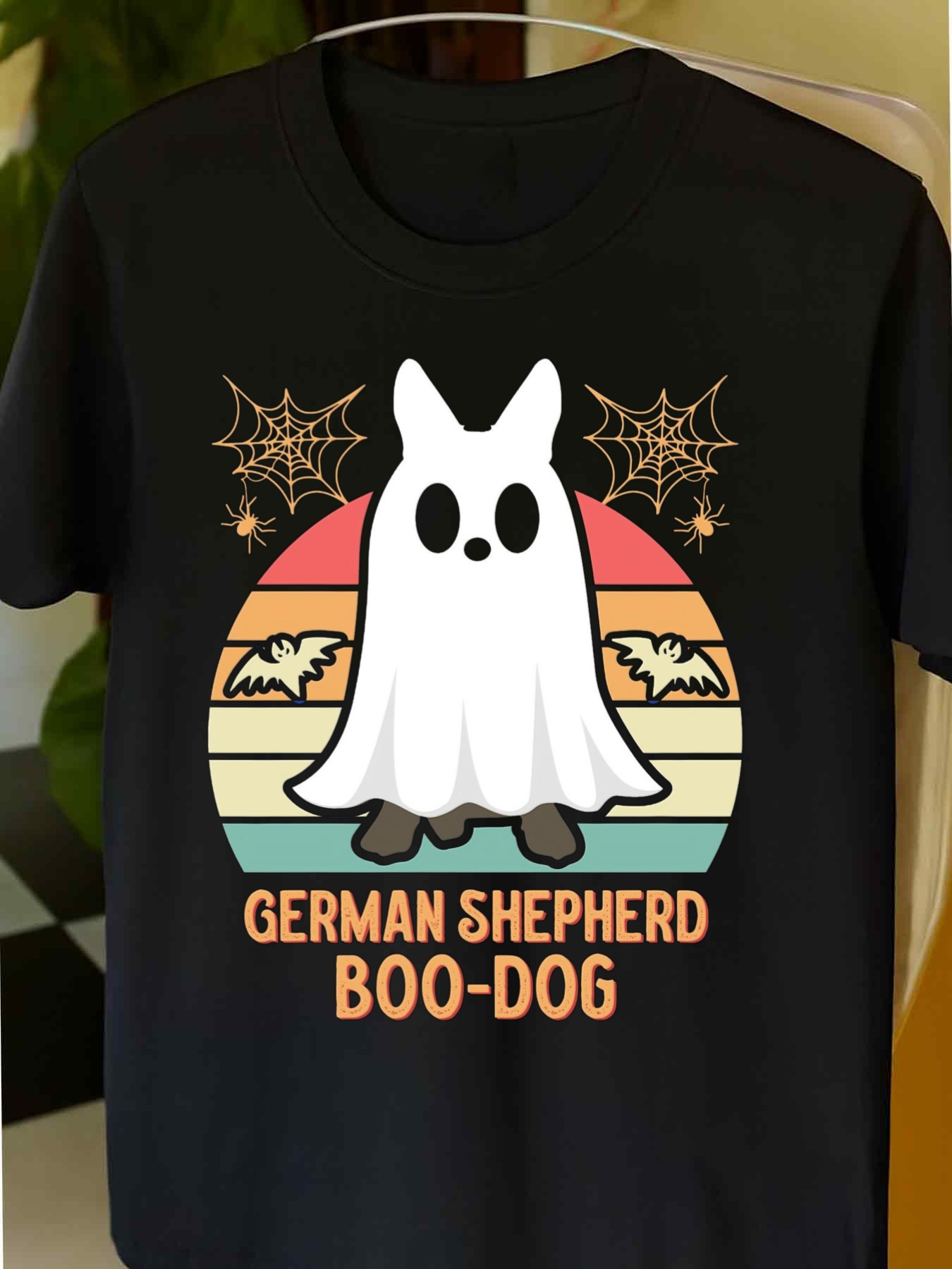 Men's Graphic T-Shirt German Shepherd Boo Dog Sunset Spooky Bats With Webs And Playful Ghost Dog
