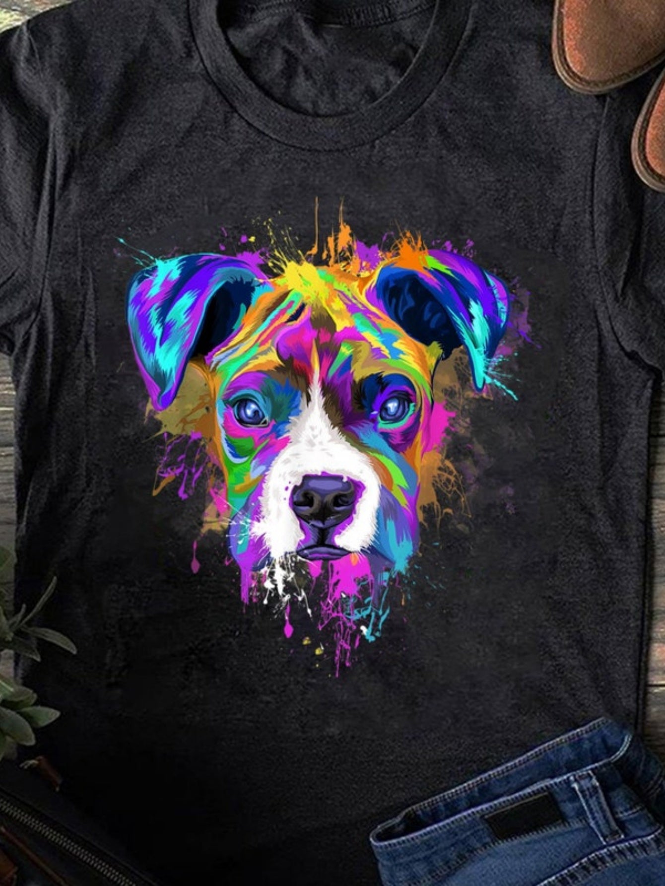 Men's Graphic T-Shirt Vivid Neon Splatter Paint With Expressive Eyes Dog