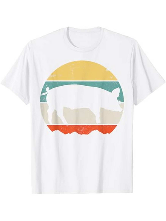 Men's Graphic T-Shirt Vintage Sunset With Retro Stripes Surrounding A Silhouette Of Pig