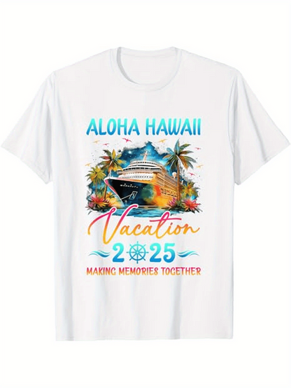 Men's Graphic T-Shirt Aloha Hawaii Vacation 2025 Making Memories Together With Tropical Sunset Hut Surrounded By Palms
