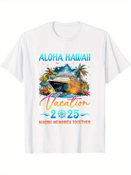 Men's Graphic T-Shirt Aloha Hawaii Vacation 2025 Making Memories Together With Tropical Sunset Hut Surrounded By Palms