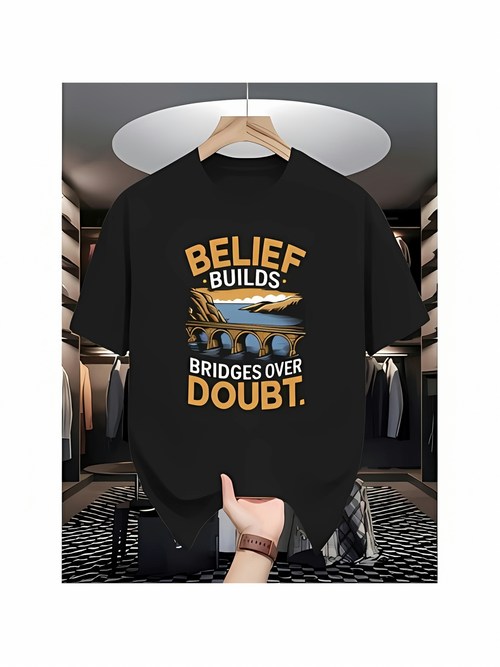 Men's Graphic T-Shirt Belief Builds Bridges Over Doubt Shimmering Mountain Lake With Sun Rays And Flowing River Landscape