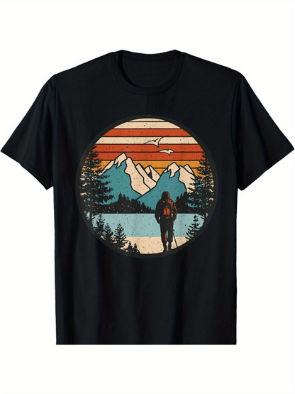 Men's Graphic T-Shirt Retro Sunset Mountain Views With Tall Pine Trees Lake Hiker