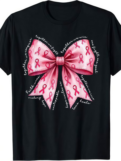 Men's Graphic T-Shirt Pink Ribbon Pattern With Empowering Words Surrounding A Large Bow