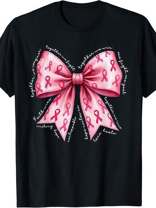 Men's Graphic T-Shirt Pink Ribbon Pattern With Empowering Words Surrounding A Large Bow