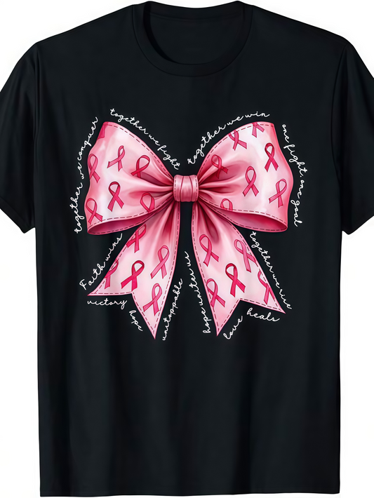 Men's Graphic T-Shirt Pink Ribbon Pattern With Empowering Words Surrounding A Large Bow
