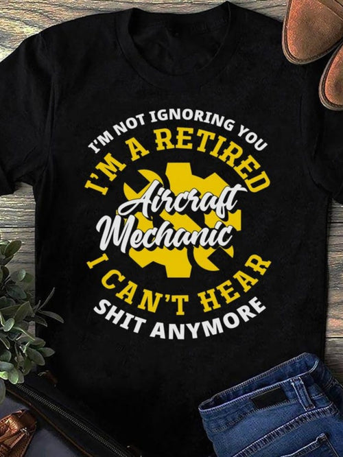 Women's Graphic T-Shirt Retired Aircraft Mechanic Yellow Gear Icon With Bold Lettering