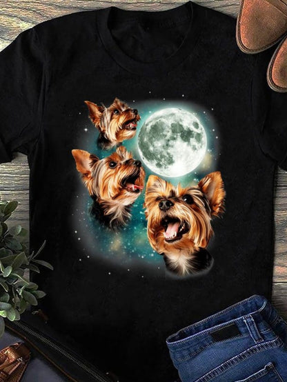Women's Graphic T-Shirt Full Moon With Glowing Stars And Playful Yorkshire Terrier Dogs