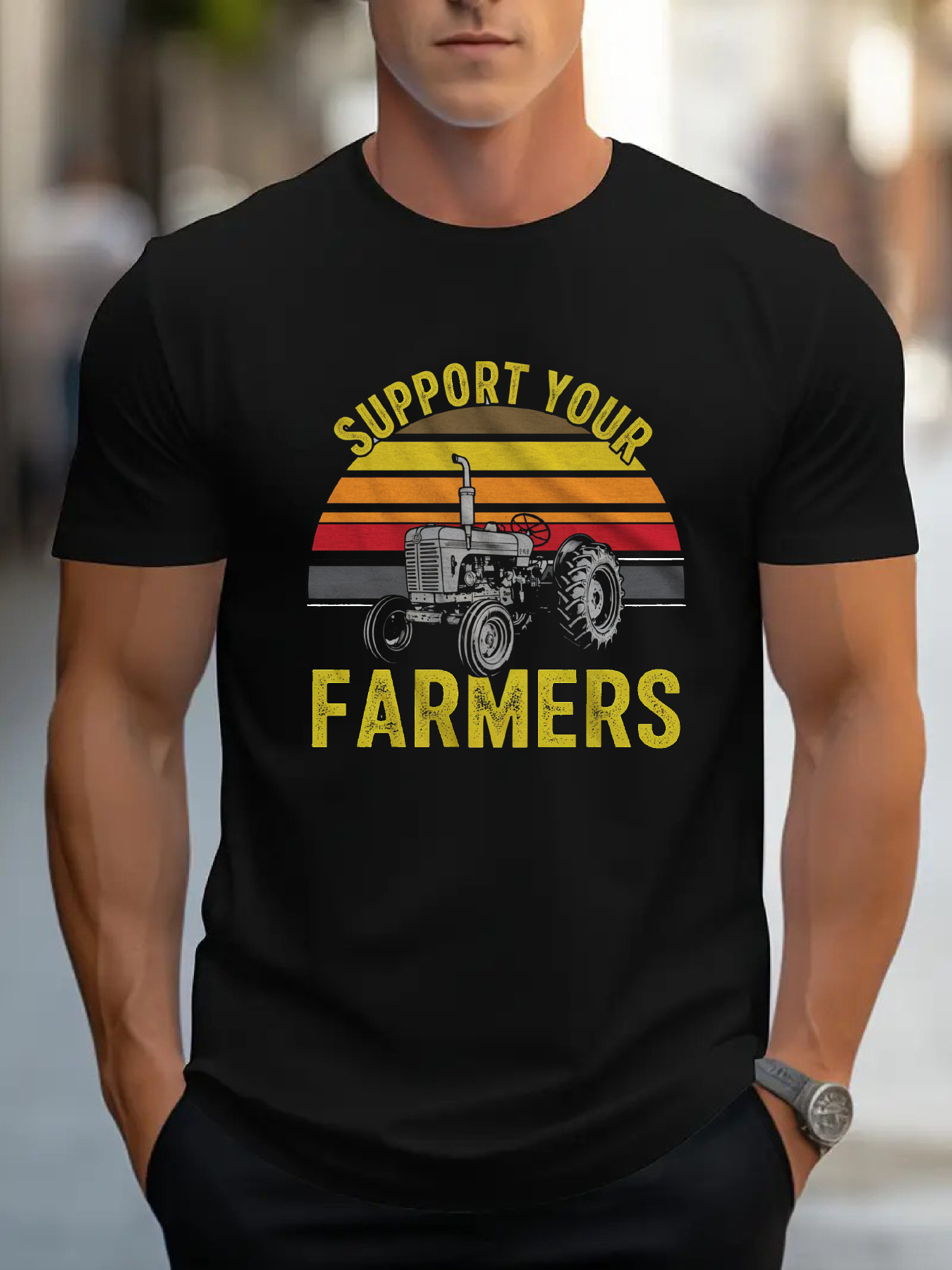Men's Graphic T-Shirt Support Your Farmers Retro Sunset With Vintage Tractor Illustration