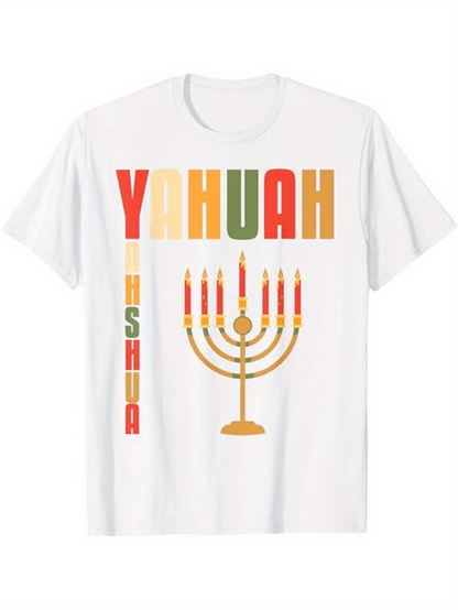 Men's Graphic T-Shirt Colorful Lettering With Burning Candles Golden Menorah