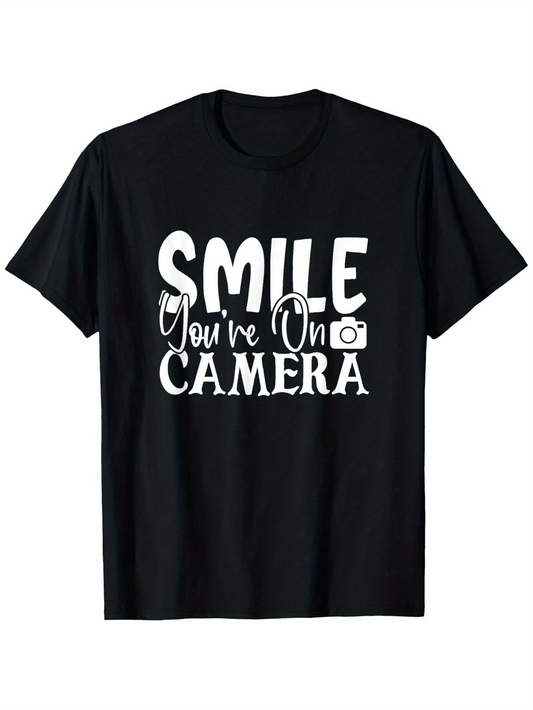 Men's Graphic T-Shirt Smile Youre On Camera With Simple Bold Lettering And Small Camera Icon