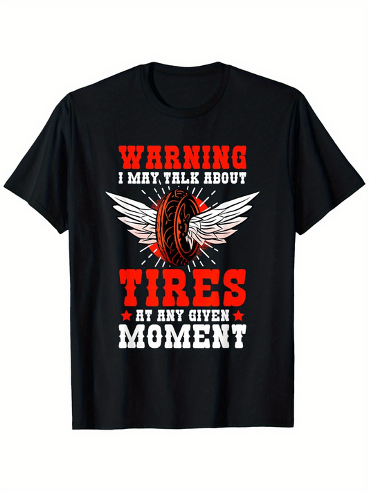 Men's Graphic T-Shirt Warning Words With Bold Red Letters Winged Tire Among Bright Starburst Moment