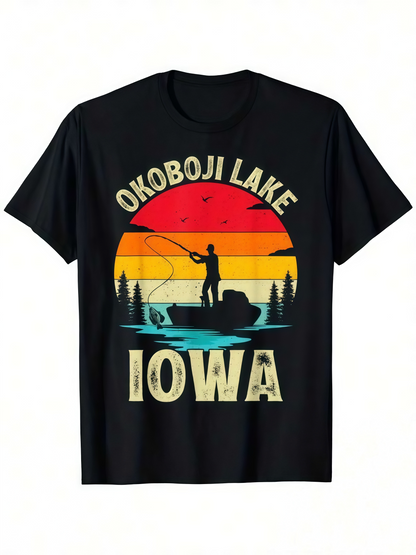 Men's Graphic T-Shirt Okoboji Lake Iowa Retro Sunset Fishing Scene Lake
