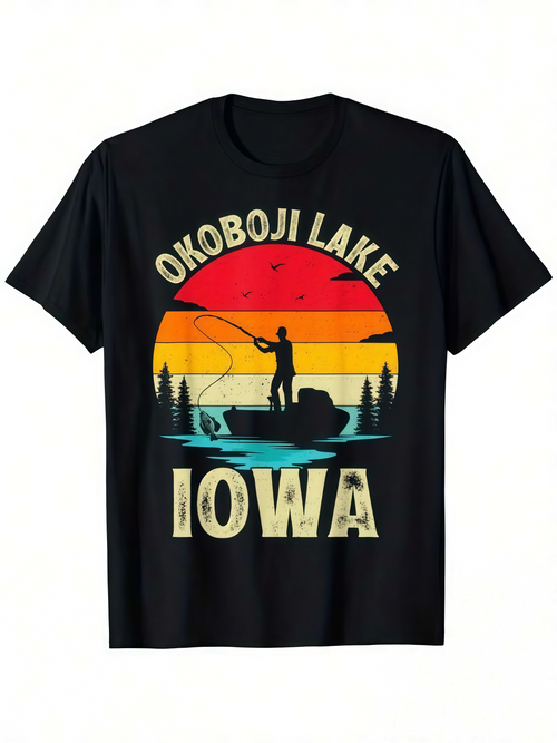 Men's Graphic T-Shirt Okoboji Lake Iowa Retro Sunset Fishing Scene Lake