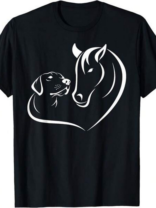 Men's Graphic T-Shirt Minimalist Heart Shaped Outline With Dog And Graceful Horse