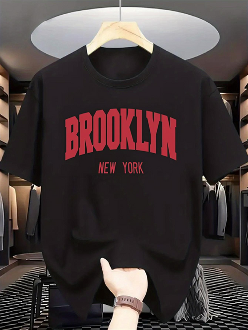 Men's Graphic T-Shirt Brooklyn New York Bold Red Lettering Urban Cityscape T Shirt