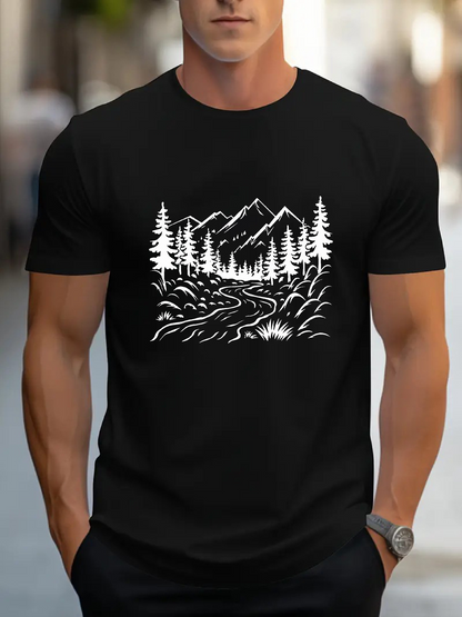 Men's Graphic T-Shirt Flowing River With Pine Trees And Snow Covered Mountain Scene