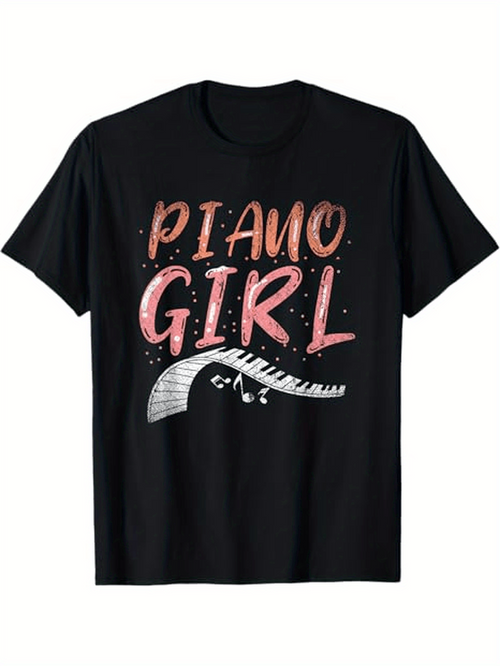 Men's Graphic T-Shirt Piano Girl Artistic Hand Painted Keys With Floating Sparkle Effects Piano