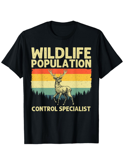 Men's Graphic T-Shirt Wildlife Population Control Specialist Retro Stripes With Standing Deer Illustration