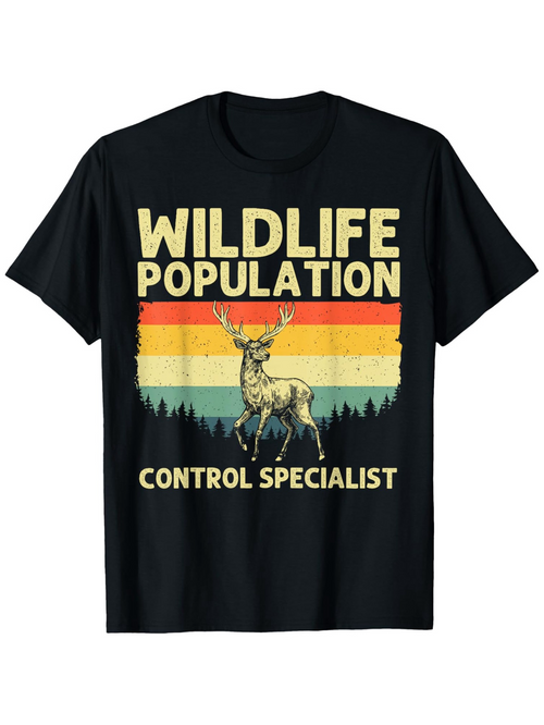 Men's Graphic T-Shirt Wildlife Population Control Specialist Retro Stripes With Standing Deer Illustration