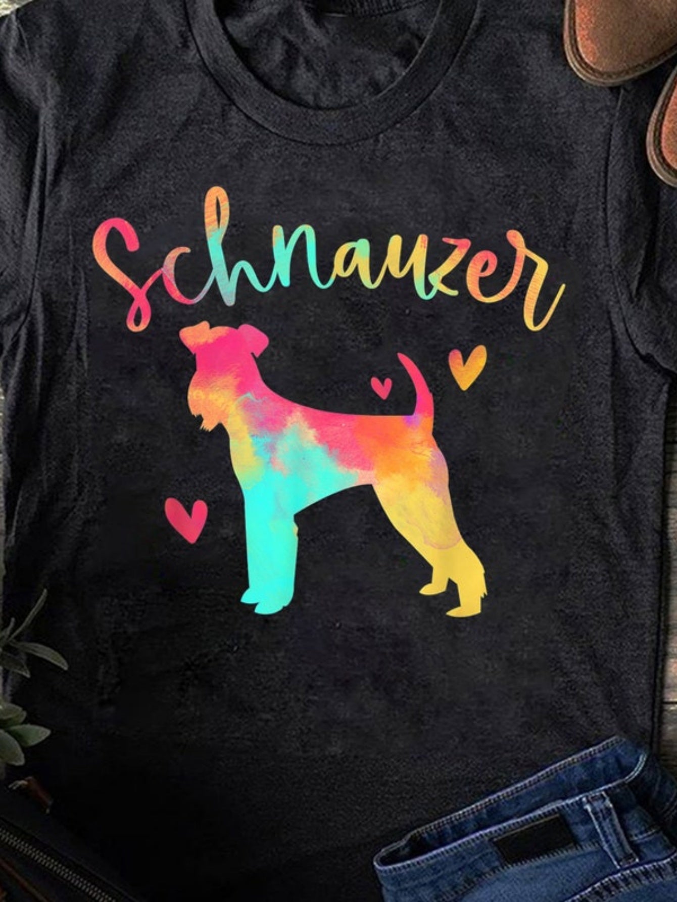 Men's Graphic T-Shirt Colorful Gradient Heart Accents Featuring Schnauzer Dog
