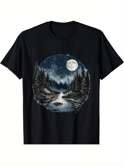 Men's Graphic T-Shirt Reflected Moonlight With Tranquil River Among Tall Pine Trees Forest
