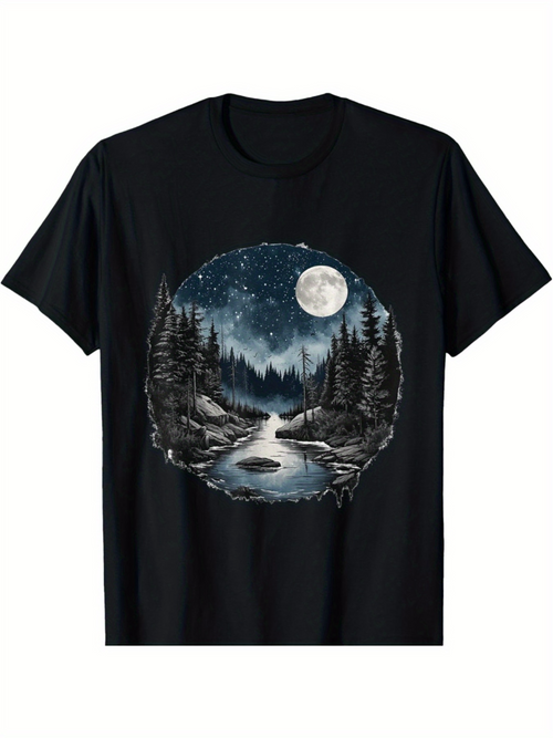 Men's Graphic T-Shirt Reflected Moonlight With Tranquil River Among Tall Pine Trees Forest