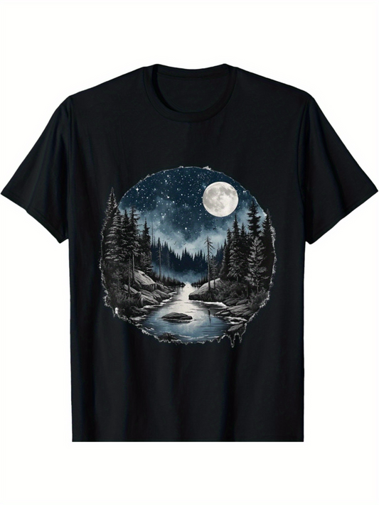 Men's Graphic T-Shirt Reflected Moonlight With Tranquil River Among Tall Pine Trees Forest