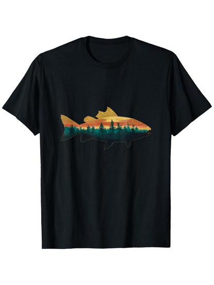 Men's Graphic T-Shirt Sunset Forest Reflected In Still Water With A Large Fish