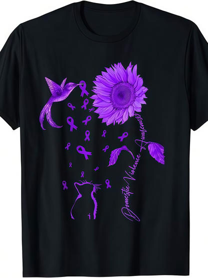 Men's Graphic T-Shirt Purple Sunflower With Hummingbird Awareness Ribbons And Feminine Silhouette Flower