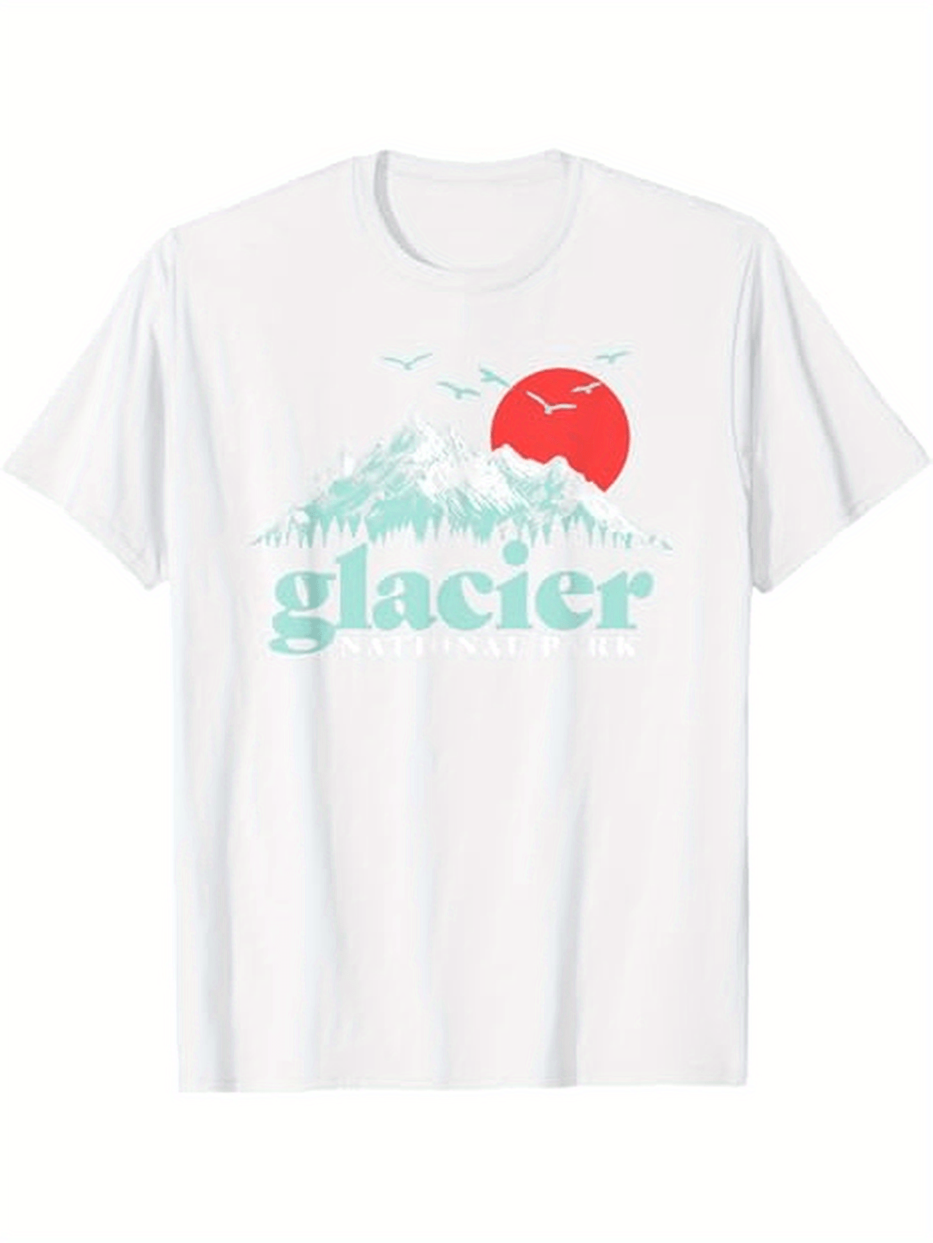Men's Graphic T-Shirt Glacier Misty Mountains With Bright Red Sun Birds And Pine Trees