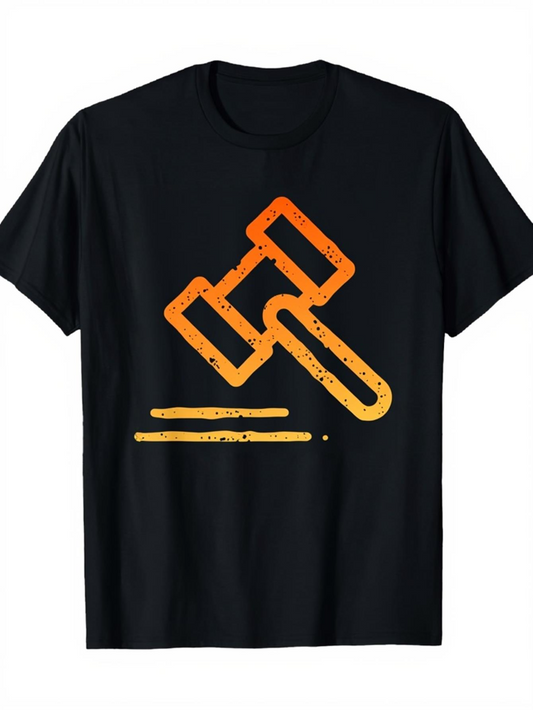 Men's Graphic T-Shirt Distressed Orange Courtroom Hammer With Bold Yellow Strikes Gavel
