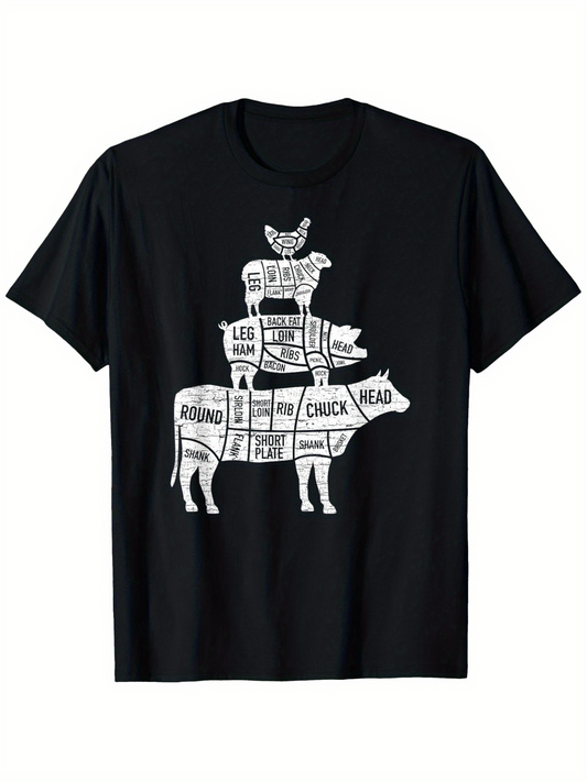 Men's Graphic T-Shirt Vintage Butcher Guide Cuts Diagram With Farm Animal Stack Cow
