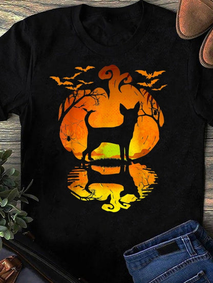 Women's Graphic T-Shirt Glowing Pumpkin Shadows With Reflected Trees Moon And Bats Dog