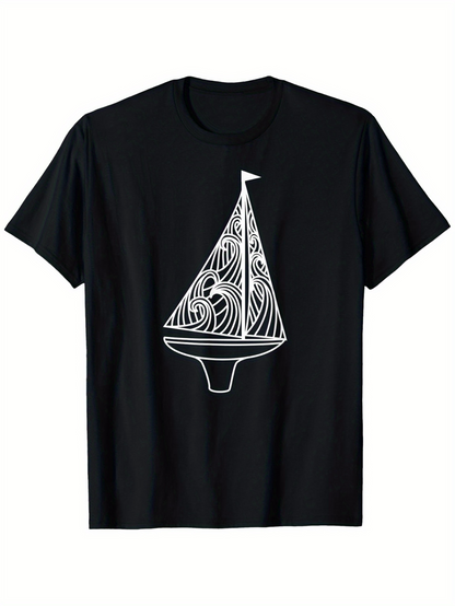 Men's Graphic T-Shirt Minimalist Nautical Patterned Lines With Abstract Waves Sailboat