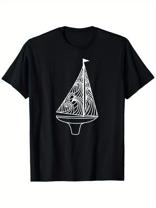 Men's Graphic T-Shirt Minimalist Nautical Patterned Lines With Abstract Waves Sailboat