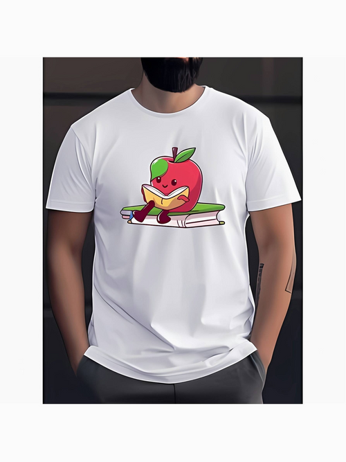Men's Graphic T-Shirt Cartoon Green Leaf With Books Playful Red Apple