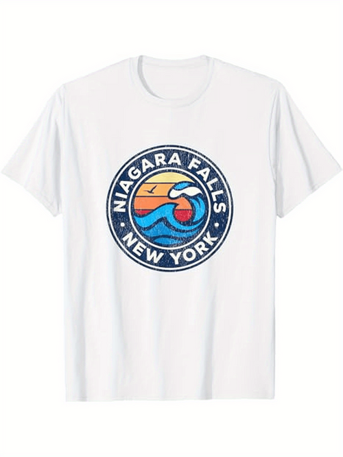 Men's Graphic T-Shirt Niagara Falls New York Retro Colorful Emblem Featuring Sunset And Waterfall Scene