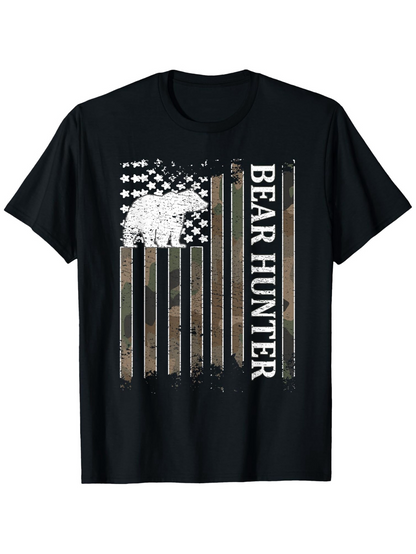 Men's Graphic T-Shirt Bear Hunter Distressed Camouflage Flag With Silhouetted Animal Bear