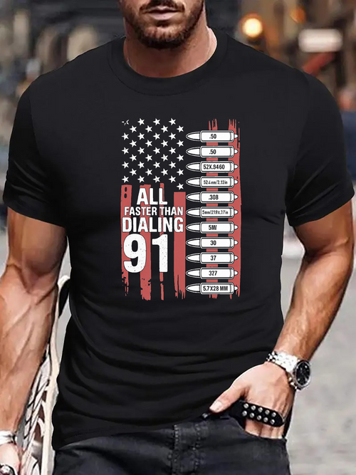 Men's Graphic T-Shirt Faster Than Dialing Number Nine One Bullets American Flag