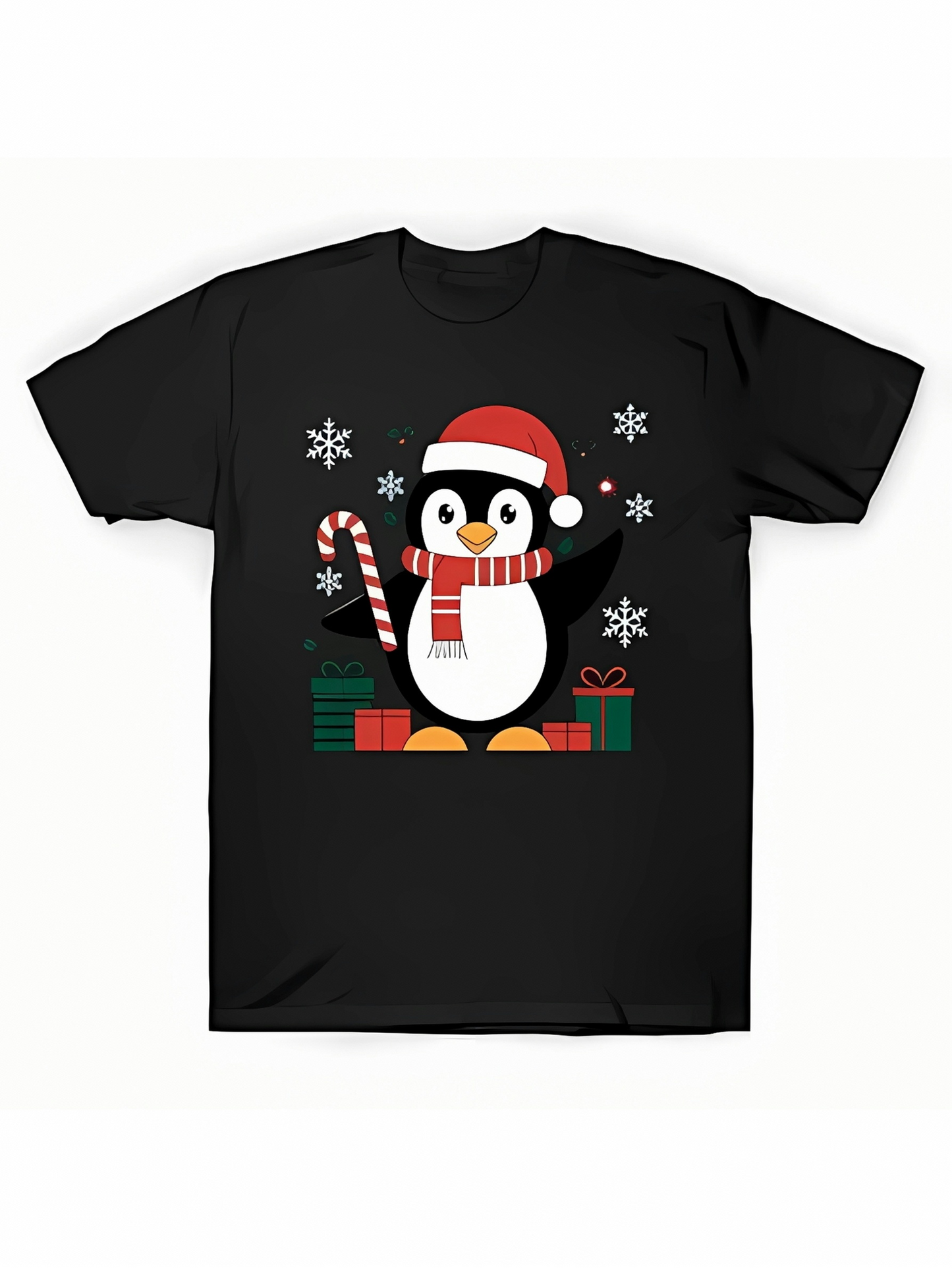 Men's Graphic T-Shirt Snowflakes With Christmas Gifts And Candy Cane Penguin
