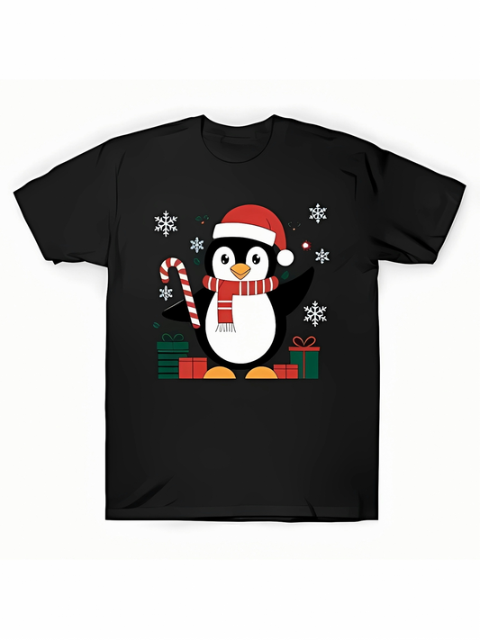 Men's Graphic T-Shirt Snowflakes With Christmas Gifts And Candy Cane Penguin