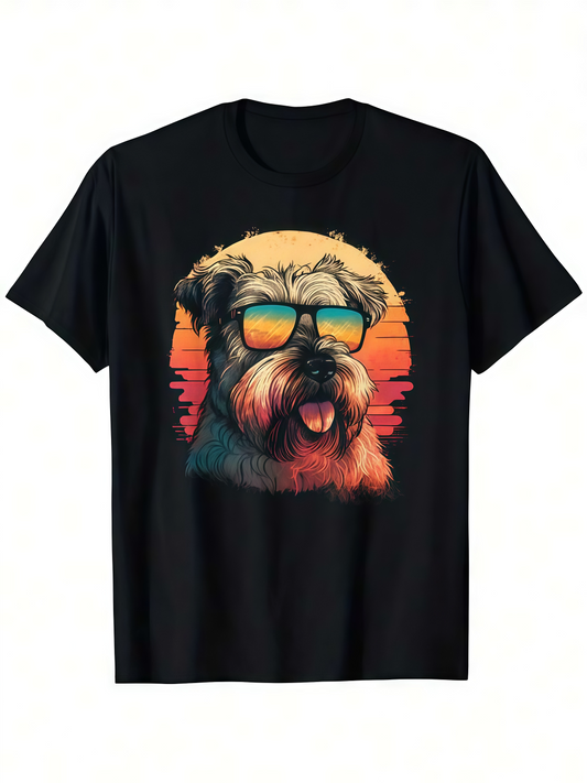 Men's Graphic T-Shirt Sunset Reflections Cool Sunglasses Dog With Vibrant Orange Glow