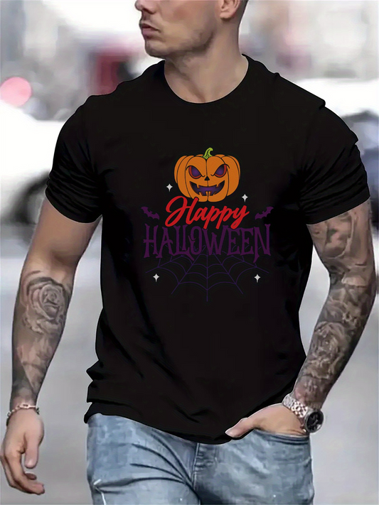 Men's Graphic T-Shirt Happy Halloween Glowing Pumpkin Smiling Among Stars With Playful Atmosphere Pumpkin
