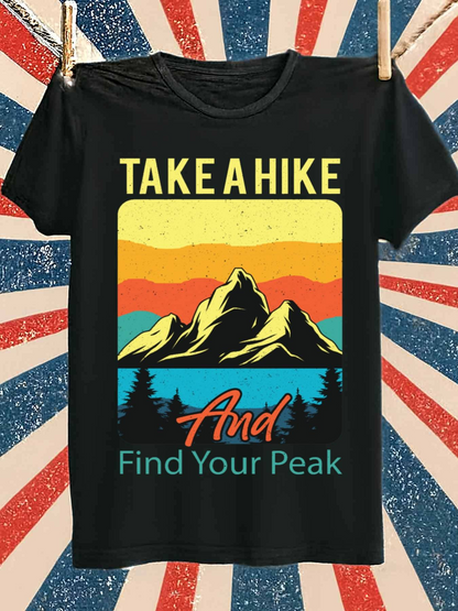 Men's Graphic T-Shirt Take A Hike And Find Your Peak Mountains With Colorful Sunset Silhouette And Pine Trees