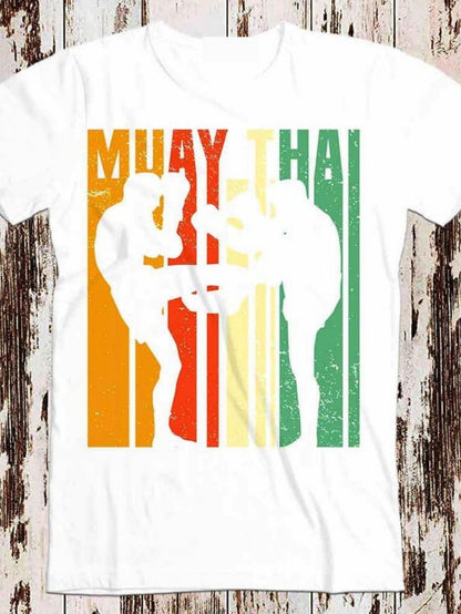 Men's Graphic T-Shirt Muay Thai Fighters Battling Against Colorful Vertical Striped Background