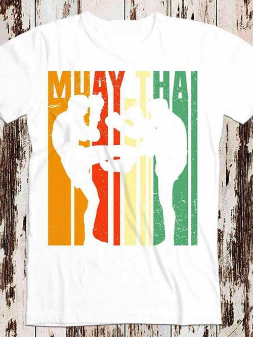 Men's Graphic T-Shirt Muay Thai Fighters Battling Against Colorful Vertical Striped Background
