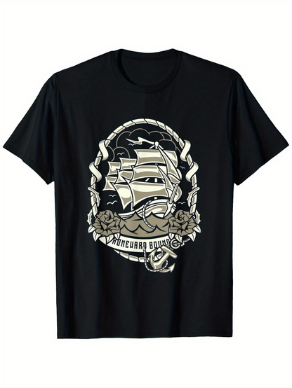 Men's Graphic T-Shirt Classic Vintage Tattoo Style Tall Ship Sailing On Waves Surrounded By Rope